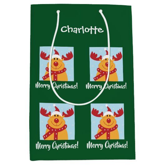 メリークリスマスルドルフのトナカイのパーソナライズ名 ミディアムペーパーバッグ (正面)