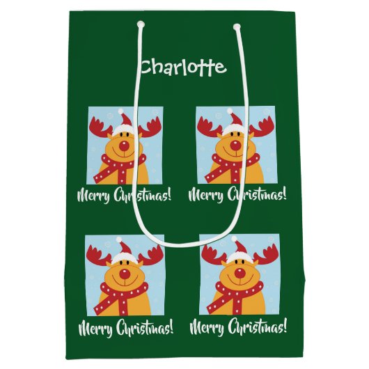 メリークリスマスルドルフのトナカイのパーソナライズ名 ミディアムペーパーバッグ (裏面)