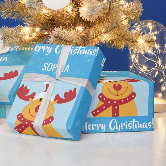 メリークリスマスルドルフのトナカイのパーソナライズ名 ラッピングペーパー (クリスマス)