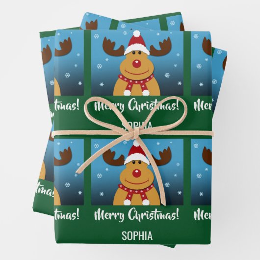 メリークリスマスルドルフパーソナライズされたトナカイ ラッピングペーパーシート (インサイチュ)