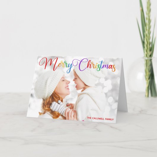 メリークリスマスレインボースクリプトファミリー写真折り畳み シーズンカード (正面)