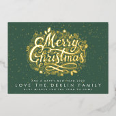 メリークリスマスレタリング金ゴールドスペックルグリーンリーフ 箔シーズンカード (正面)