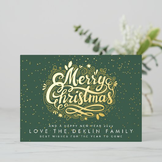 メリークリスマスレタリング金ゴールドスペックルグリーンリーフ 箔シーズンカード (立ち正面)