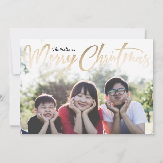 メリークリスマスレタリンゴールドフォイルのクリスマスフォト シーズンカード (正面)