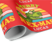 メリークリスマスレックスマス恐竜パーソナライズされた名 ラッピングペーパー (ロールコーナー)