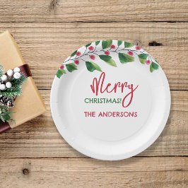 メリークリスマスレッドとグリーンウォーターの色枝 ペーパープレート
