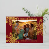 メリークリスマスレッドと金ゴールドの雪片写真 箔シーズンカード (立ち正面)