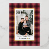 メリークリスマスレッドと金ゴールドタータンチェックプレイド写真 箔シーズンカード (正面)