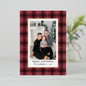 メリークリスマスレッドと金ゴールドタータンチェックプレイド写真 箔シーズンカード (立ち正面)