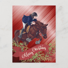 メリークリスマスレッドを跳び上げる女の子と馬 ポストカード
