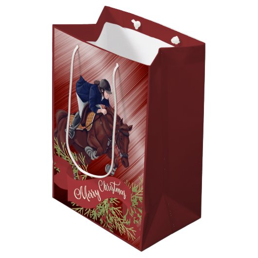 メリークリスマスレッドを跳び上げる女の子と馬 ミディアムペーパーバッグ (正面アングル)