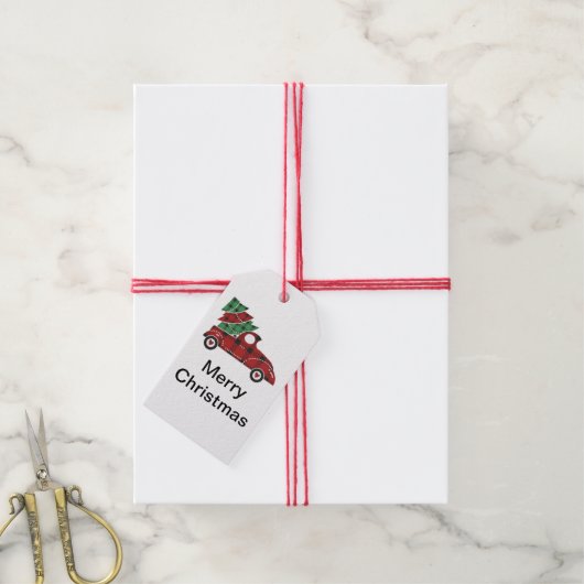 メリークリスマスレッドアンティークピックアップトラック ギフトタグ (より糸付き)