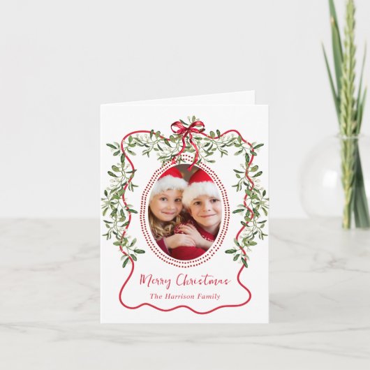 メリークリスマスレッドウェーブフレームボウ緑の写真 シーズンカード (正面)