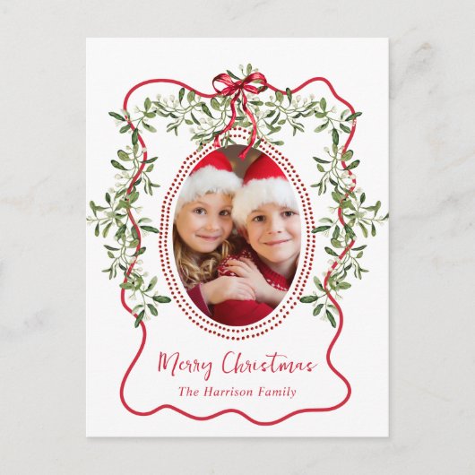 メリークリスマスレッドウェーブフレームボウ緑の写真 シーズンポストカード (正面)