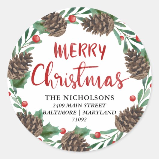 メリークリスマスレッドウォーターカラーピネコーンアドレス ラウンドシール (正面)