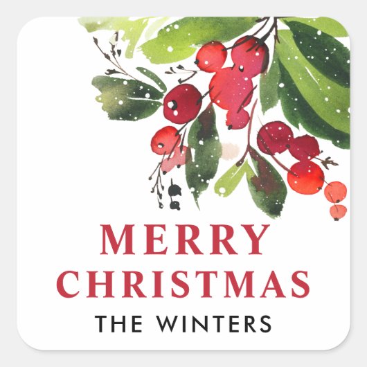 メリークリスマスレッドウォーター色グリーナリーモノグラム スクエアシール (正面)