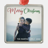 メリークリスマスレッドエレガントグリーンのフォトオーバーレイ メタルオーナメント (正面)