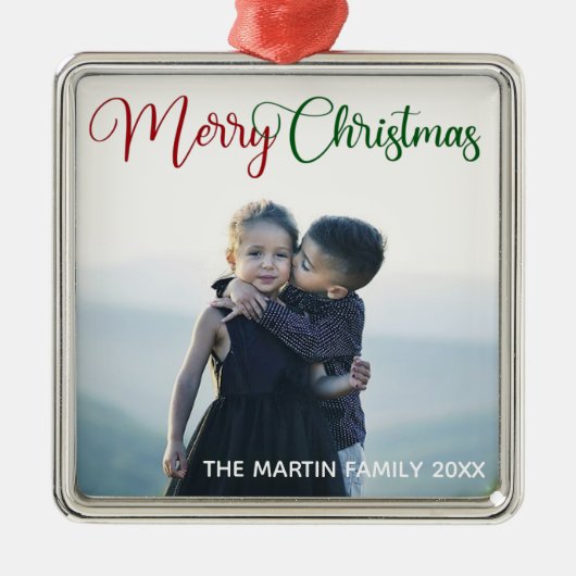 メリークリスマスレッドエレガントグリーンのフォトオーバーレイ メタルオーナメント (正面)