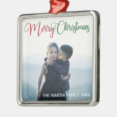 メリークリスマスレッドエレガントグリーンのフォトオーバーレイ メタルオーナメント (左)