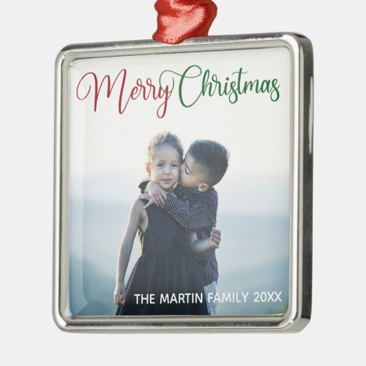 メリークリスマスレッドエレガントグリーンのフォトオーバーレイ メタルオーナメント (左)