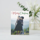 メリークリスマスレッドエレガントグリーンタイポグラフィ写真 シーズンポストカード (スタンド正面)