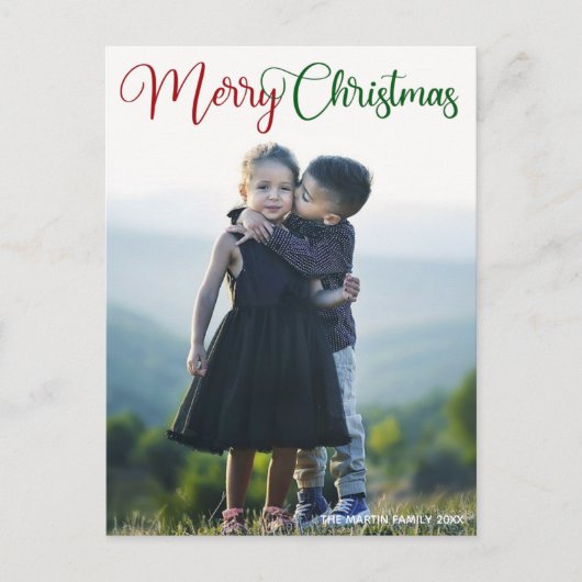 メリークリスマスレッドエレガントグリーンタイポグラフィ写真 シーズンポストカード (正面)