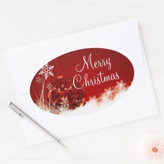 メリークリスマスレッドオーナメントスノーフレークオーバルシール 楕円形シール (封筒)