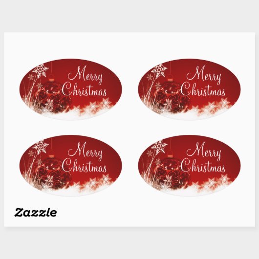 メリークリスマスレッドオーナメントスノーフレークオーバルシール 楕円形シール (シート)