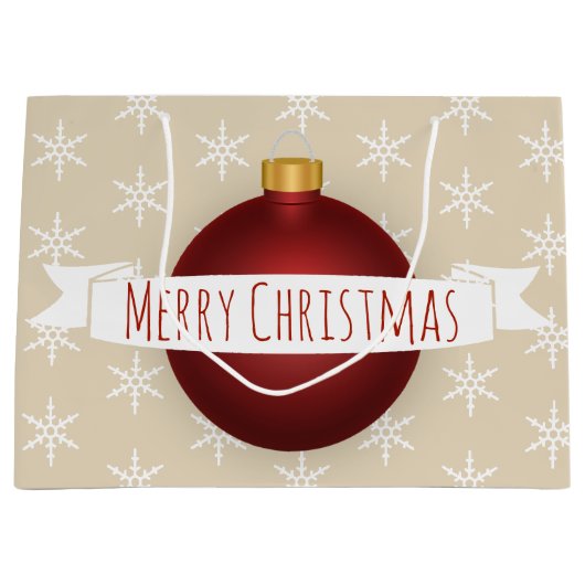 メリークリスマスレッドオーナメントリボン&スノーフレーク ラージペーパーバッグ (正面)