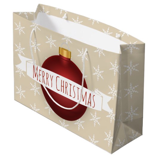 メリークリスマスレッドオーナメントリボン&スノーフレーク ラージペーパーバッグ (裏面アングル)