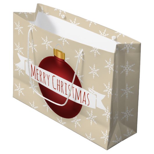 メリークリスマスレッドオーナメントリボン&スノーフレーク ラージペーパーバッグ (正面アングル)
