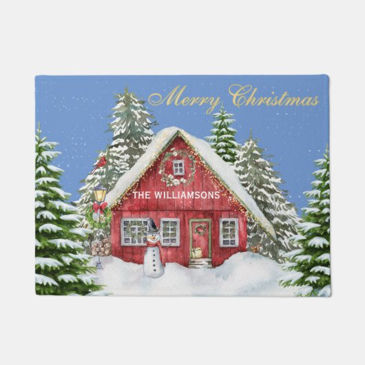 メリークリスマスレッドカントリーハウス雪 ドアマット (正面)