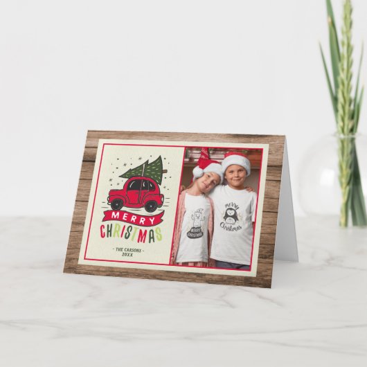 メリークリスマスレッドカーフォトウ素朴ィード シーズンカード (正面)