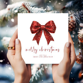 メリークリスマスレッドグリッターコケットボウホワイト 招待状