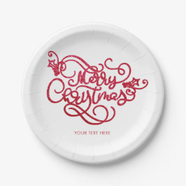 メリークリスマスレッドグリッタースクリプトタイポグラフィ ペーパープレート