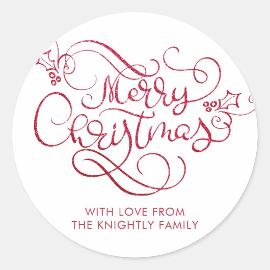 メリークリスマスレッドグリッタースクリプトタイポグラフィ ラウンドシール (正面)