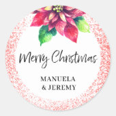 メリークリスマスレッドグリッターポインセチア ラウンドシール (正面)