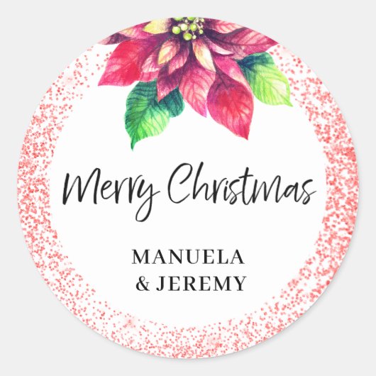 メリークリスマスレッドグリッターポインセチア ラウンドシール (正面)