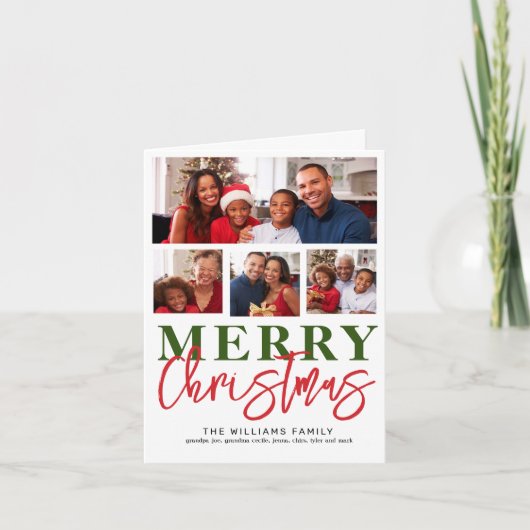 メリークリスマスレッドグリーンスクリプト4家族の写真 シーズンカード (正面)