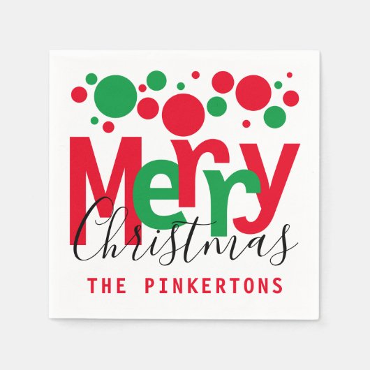 メリークリスマスレッドグリーンドットタイポグラフィモノグラム スタンダードカクテルナプキン (正面)
