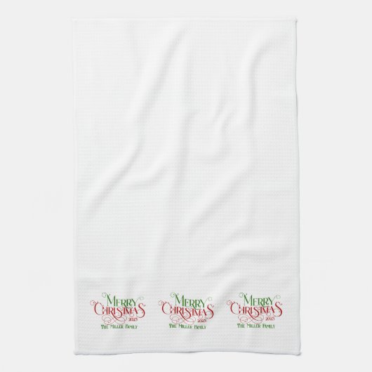 メリークリスマスレッドグリーンフェスティバルレトロタイポグラフィ キッチンタオル (縦)