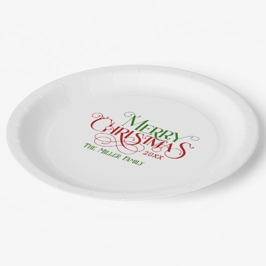 メリークリスマスレッドグリーンフェスティバルレトロタイポグラフィ ペーパープレート (アングル)