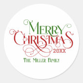 メリークリスマスレッドグリーンフェスティバルレトロタイポグラフィ ラウンドシール (正面)