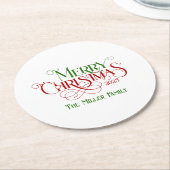 メリークリスマスレッドグリーンフェスティバルレトロタイポグラフィ ラウンドペーパーコースター (アングル)