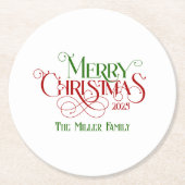メリークリスマスレッドグリーンフェスティバルレトロタイポグラフィ ラウンドペーパーコースター (正面)