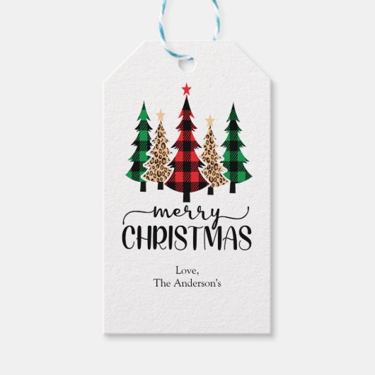 メリークリスマスレッドグリーンブラックプレイドツリーズカード ギフトタグ (正面)