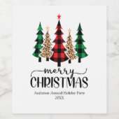 メリークリスマスレッドグリーンブラックプレイドツリーズカード ワインラベル (シングルラベル)