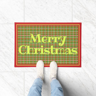 メリークリスマスレッドグリーンプレイドデザイン ドアマット