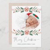 メリークリスマスレッドグリーンモダン写真 シーズンカード (正面/裏面)