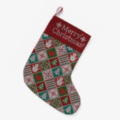 メリークリスマスレッドグリーン白ニットフェイクパターン スモールクリスマスストッキング (正面 (吊り時))